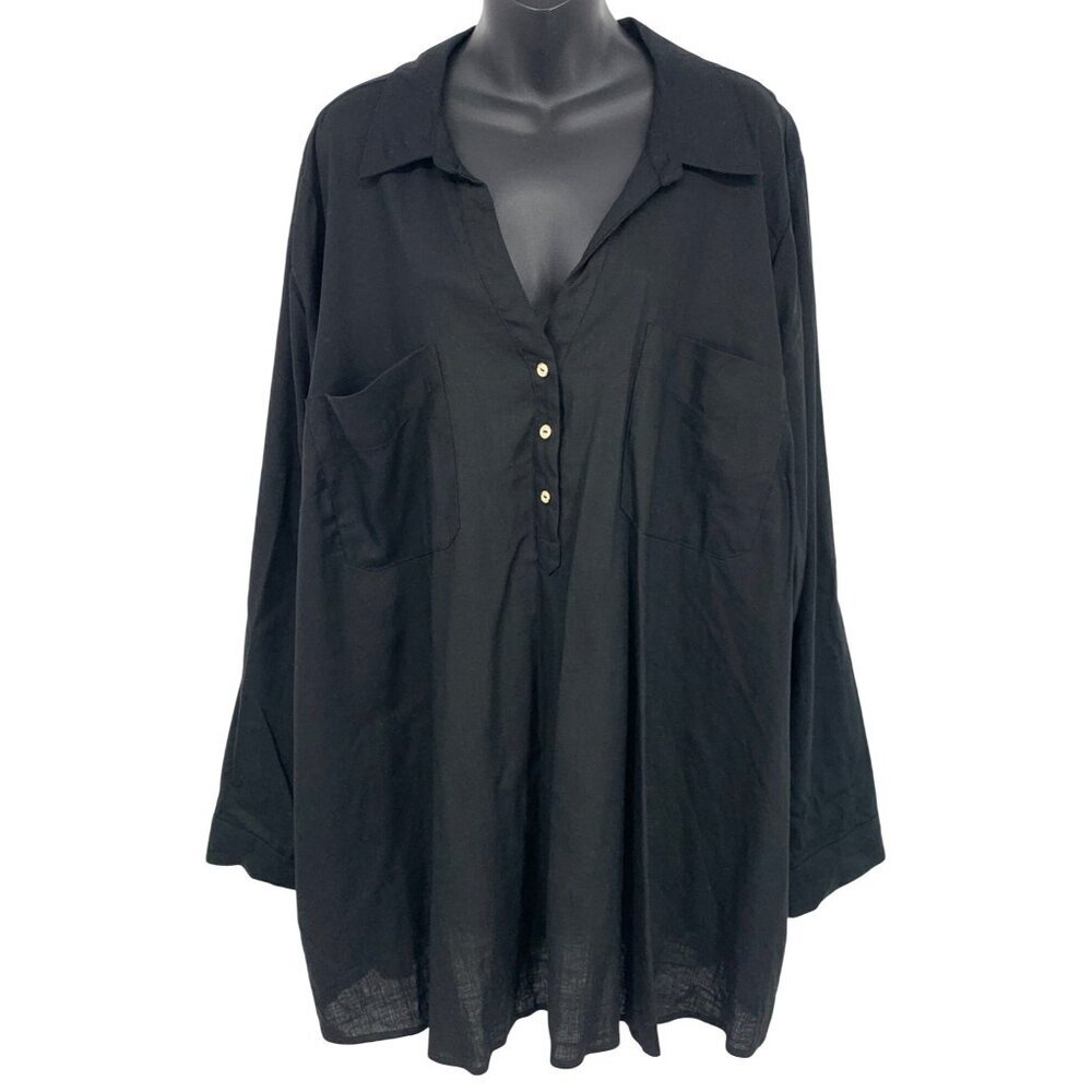 Torrid Black Linen Plus Size 5 5X Top Tunic Long Sleeve Collar Tunic V-Neck New
